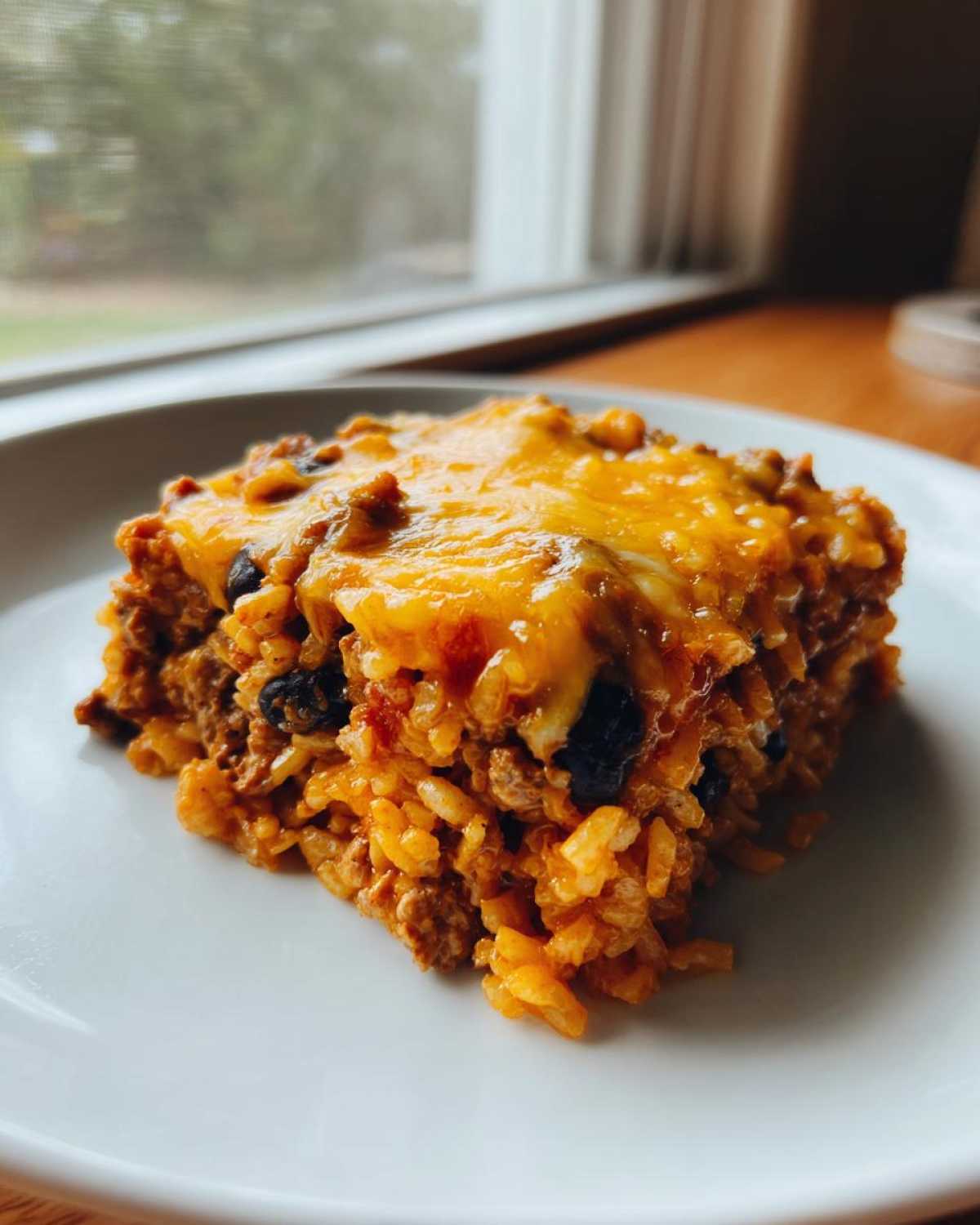 A square serving of cheesy mexican rice casserole topped with melted cheddar cheese on a white plate.