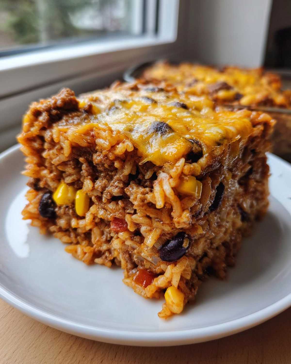 A close-up of a hearty slice of cheesy mexican rice casserole featuring ground beef, corn, and black beans.