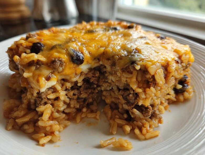 A close-up serving of cheesy mexican rice casserole featuring seasoned ground beef and melted cheddar cheese topping.