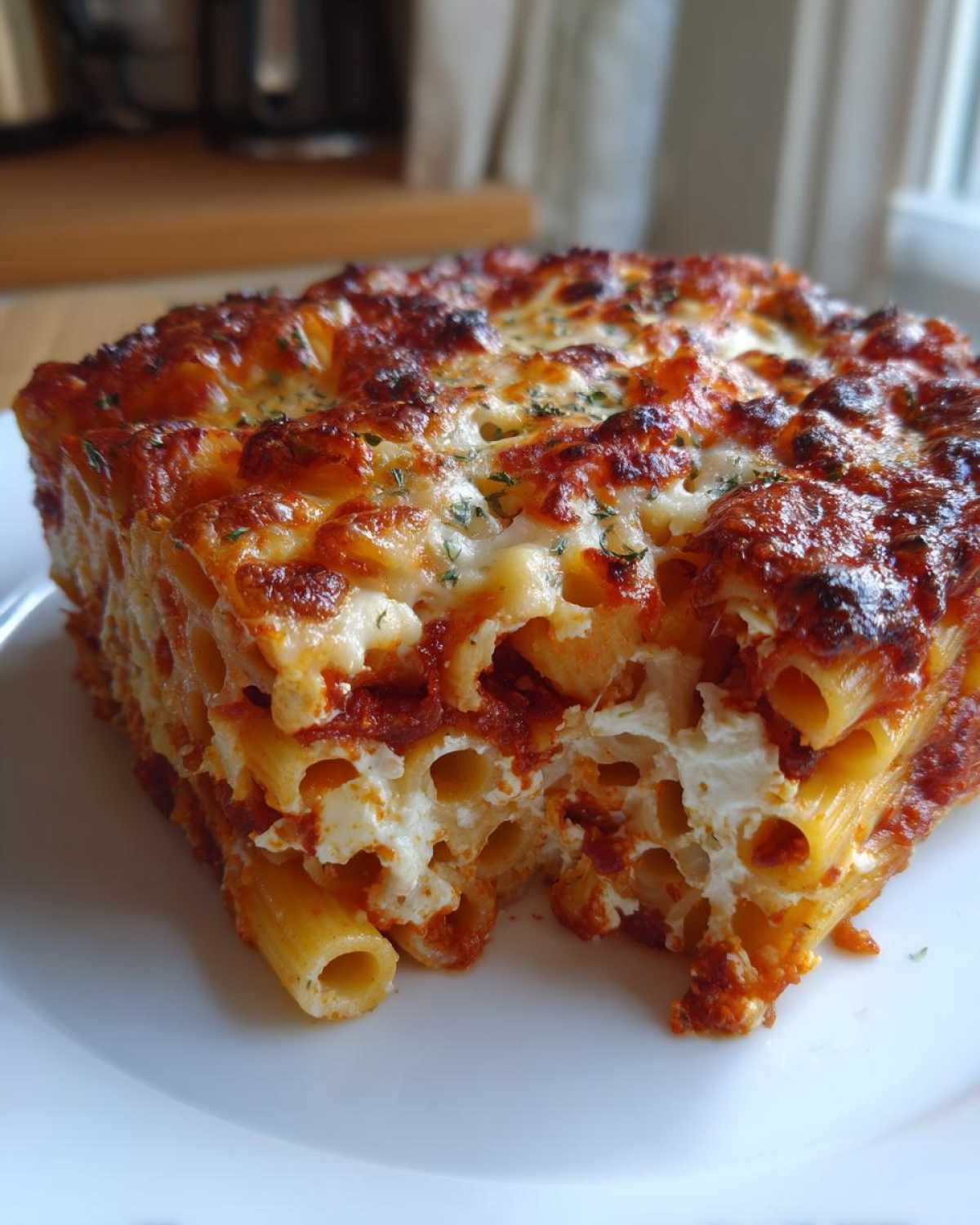 A close-up of a square slice of baked ziti pasta bake, showing rich tomato sauce and melted, browned cheese.