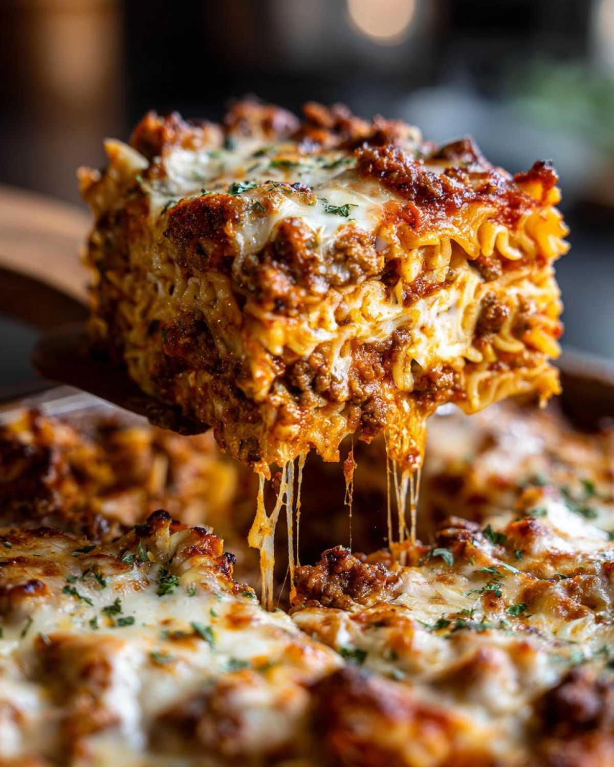 A gooey, cheesy slice of pizza casserole being lifted, showing long cheese pulls and layers of meat sauce.