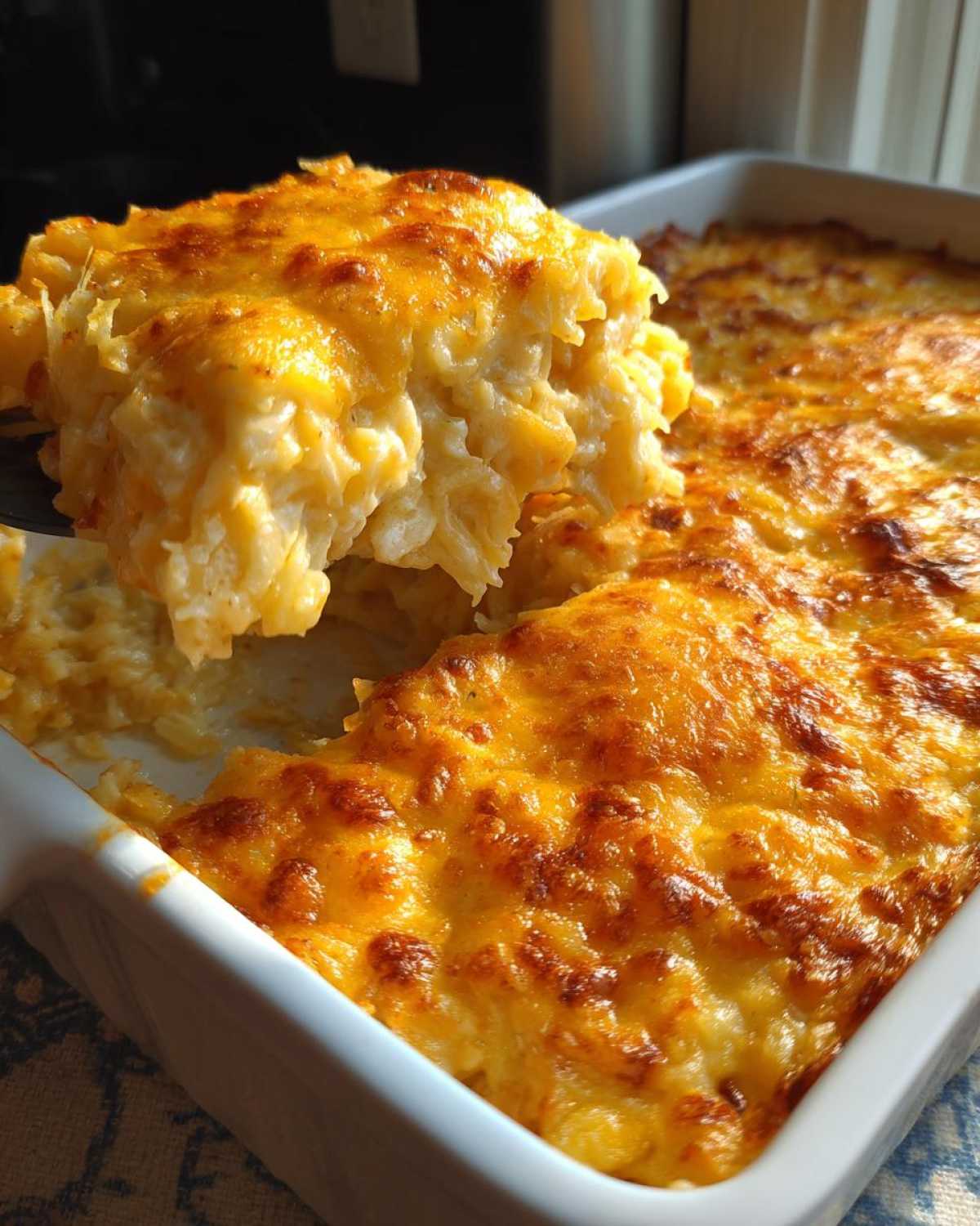 A serving spoon lifts a scoop of creamy, cheesy potato casserole topped with a bubbly, golden-brown cheese crust.