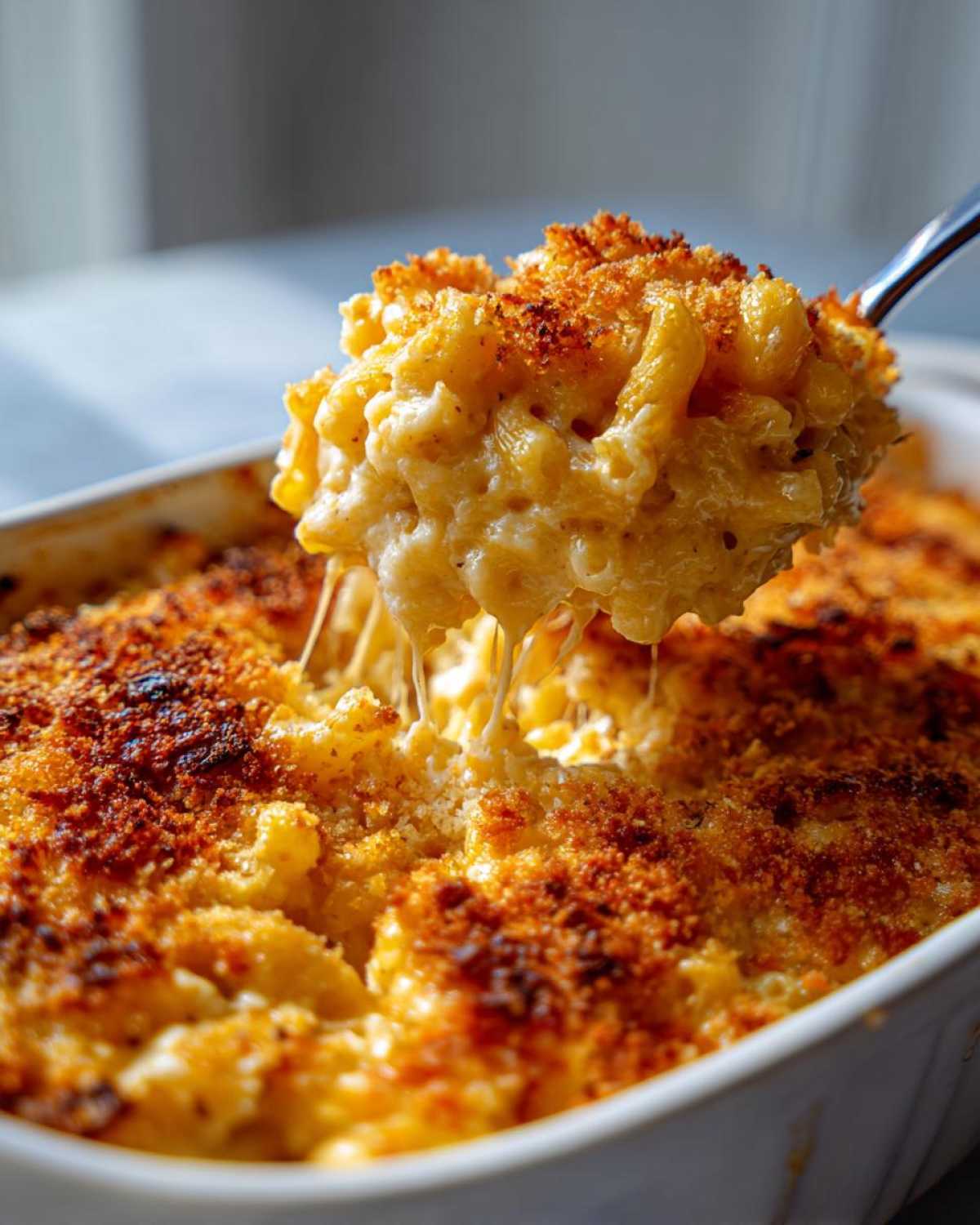 A spoonful of creamy, cheesy baked mac and cheese being lifted from a casserole dish, showing cheese pulls and a crispy brown topping.