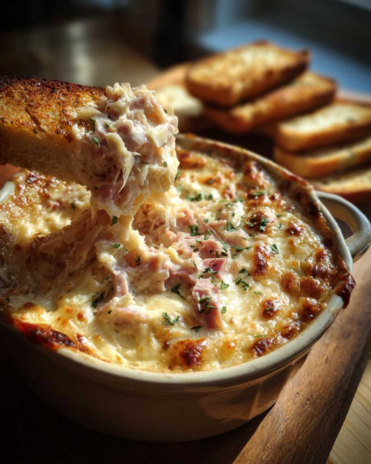 A piece of toasted bread is scooping up the hot, cheesy, and stringy reuben dip from a baking dish.