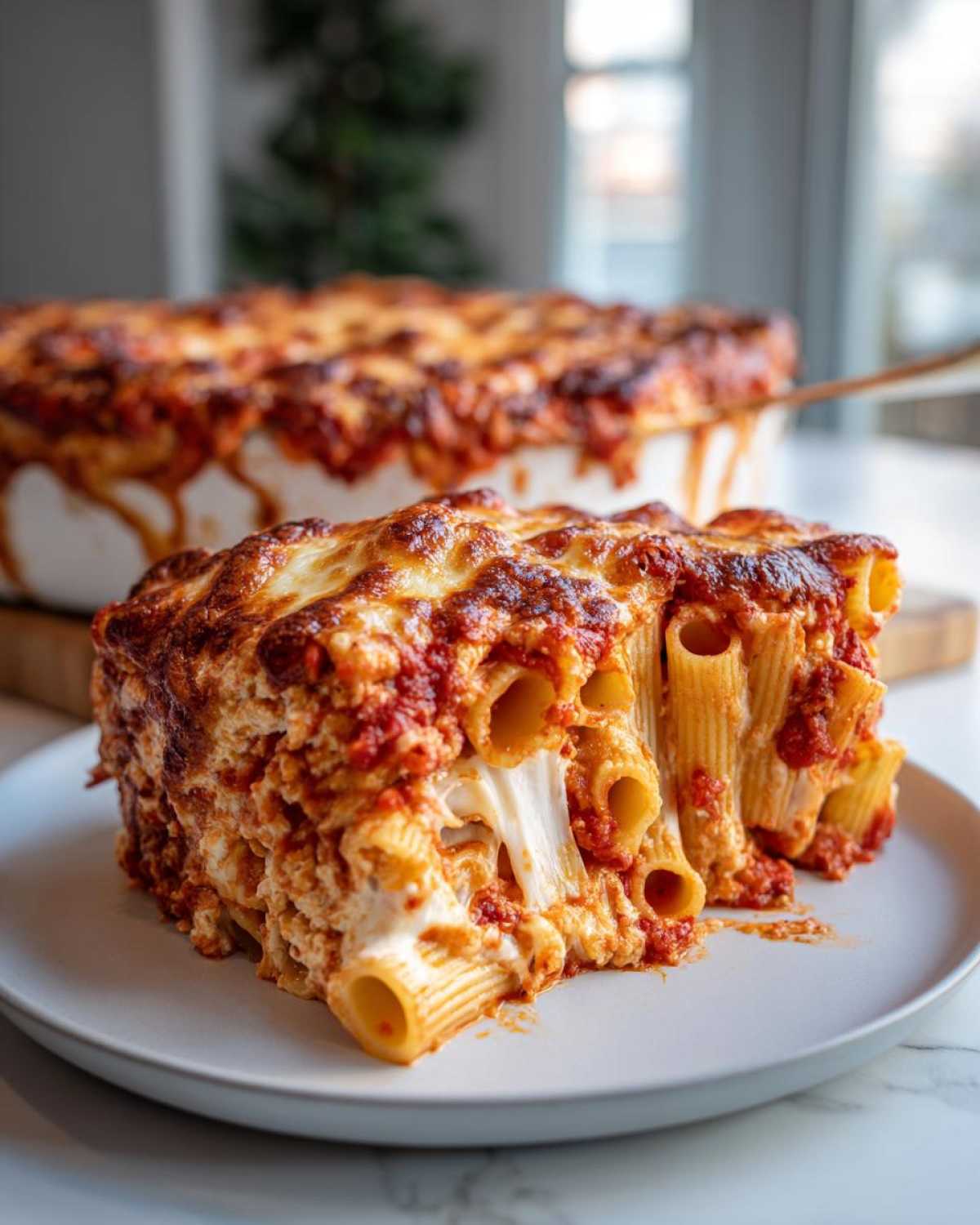 A generous slice of cheesy, saucy pasta bake featuring rigatoni noodles and melted mozzarella cheese pull.