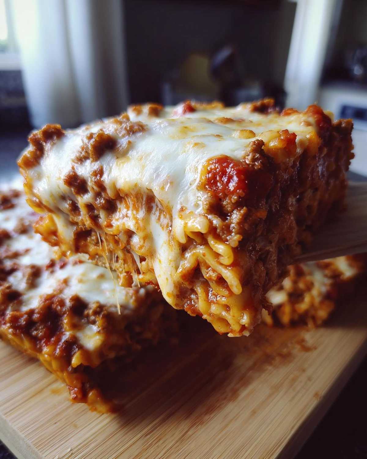 A close-up of a cheesy slice being lifted from an Amazing 1-Dish pizza casserole, showing melted mozzarella.