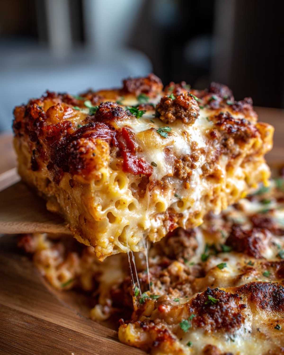 A close-up of a cheesy slice of pizza casserole being lifted, showing melted cheese strings and browned sausage topping.