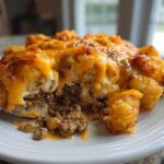 A close-up serving of cheesy tater tot casserole showing the layers of ground meat and melted cheddar cheese.