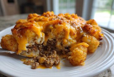 A close-up serving of cheesy tater tot casserole showing the layers of ground meat and melted cheddar cheese.
