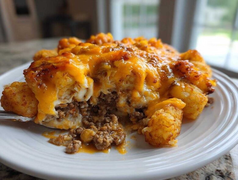 A close-up serving of cheesy tater tot casserole showing the layers of ground meat and melted cheddar cheese.