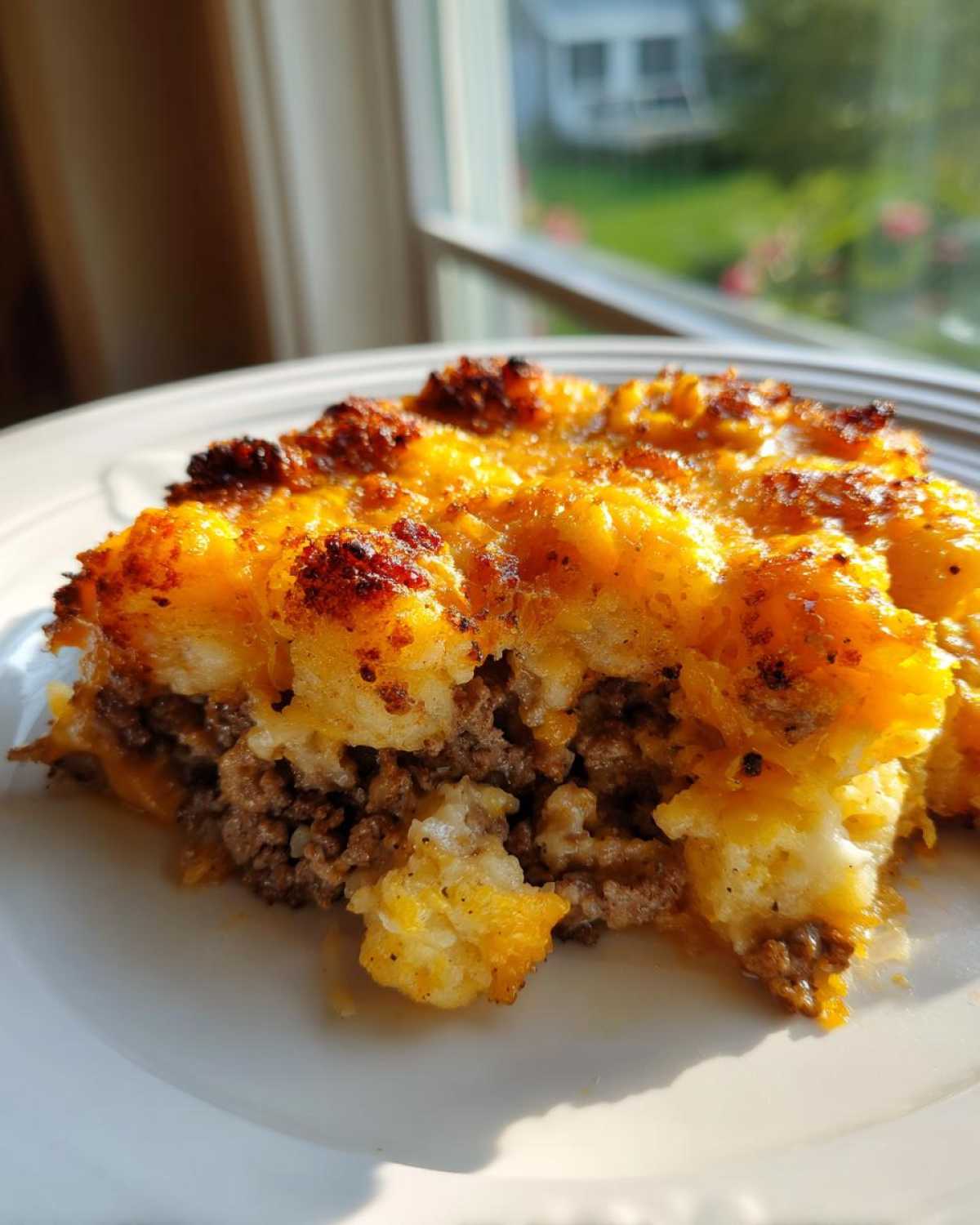 A close-up slice of tater tot casserole showing a browned, cheesy top layer over seasoned ground beef.