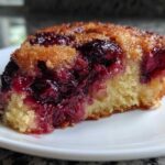 Close-up of a moist slice of cherry dump cake showing the golden cake base and rich, gooey cherry topping.
