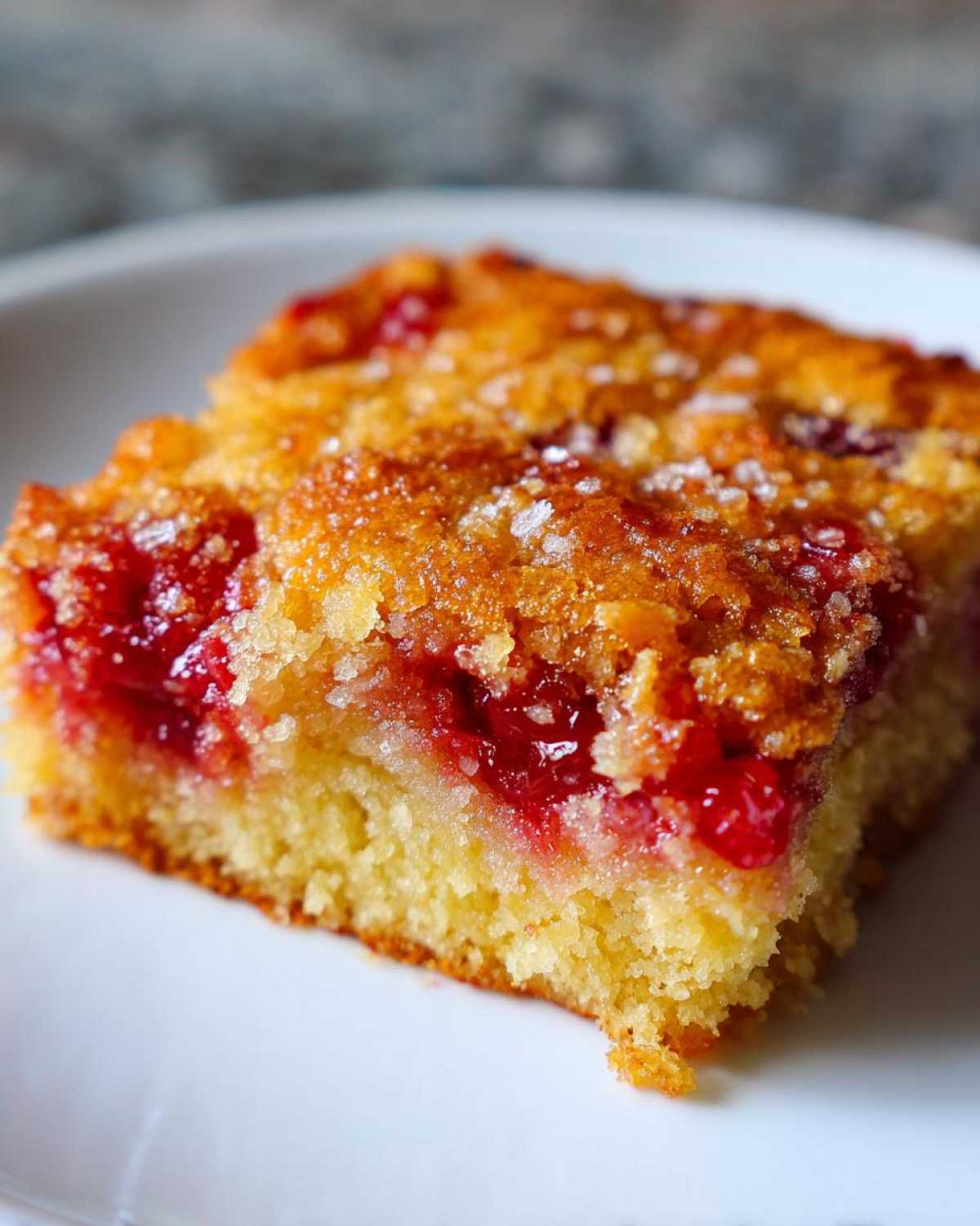 A close-up view of a square slice of cherry dump cake showing the moist yellow cake base and bright red cherry filling.
