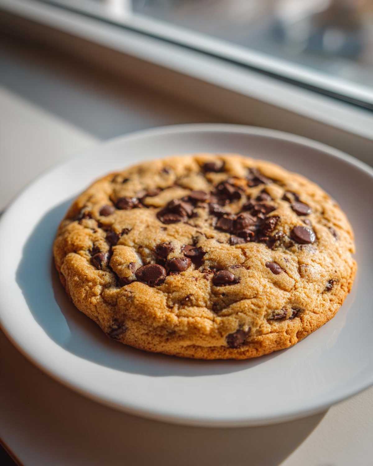 A single, golden-brown chewy chocolate chip cookie loaded with melted chocolate chunks on a white plate near a window.