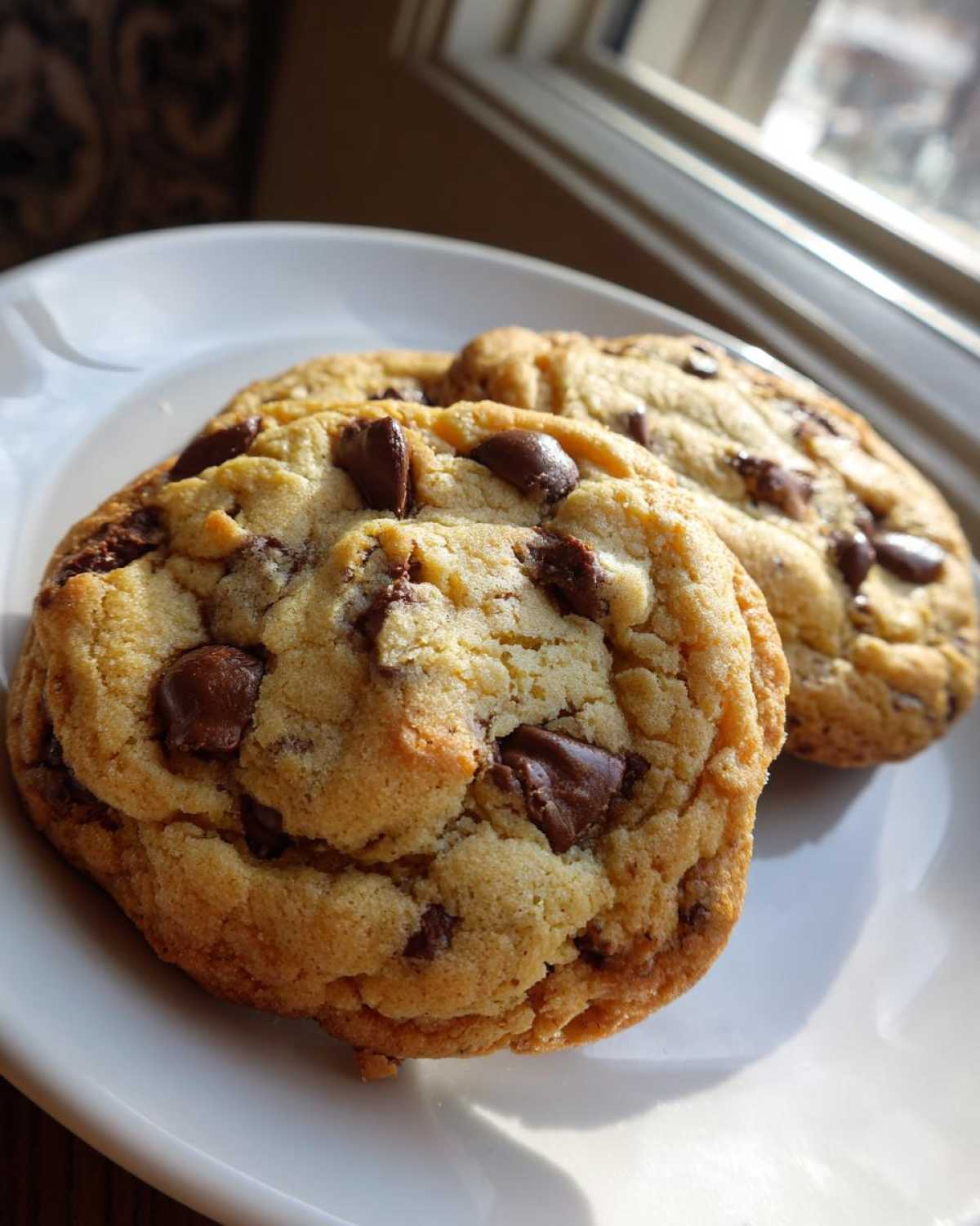Close-up of two golden brown, thick chewy chocolate chip cookies resting on a white plate near a window.