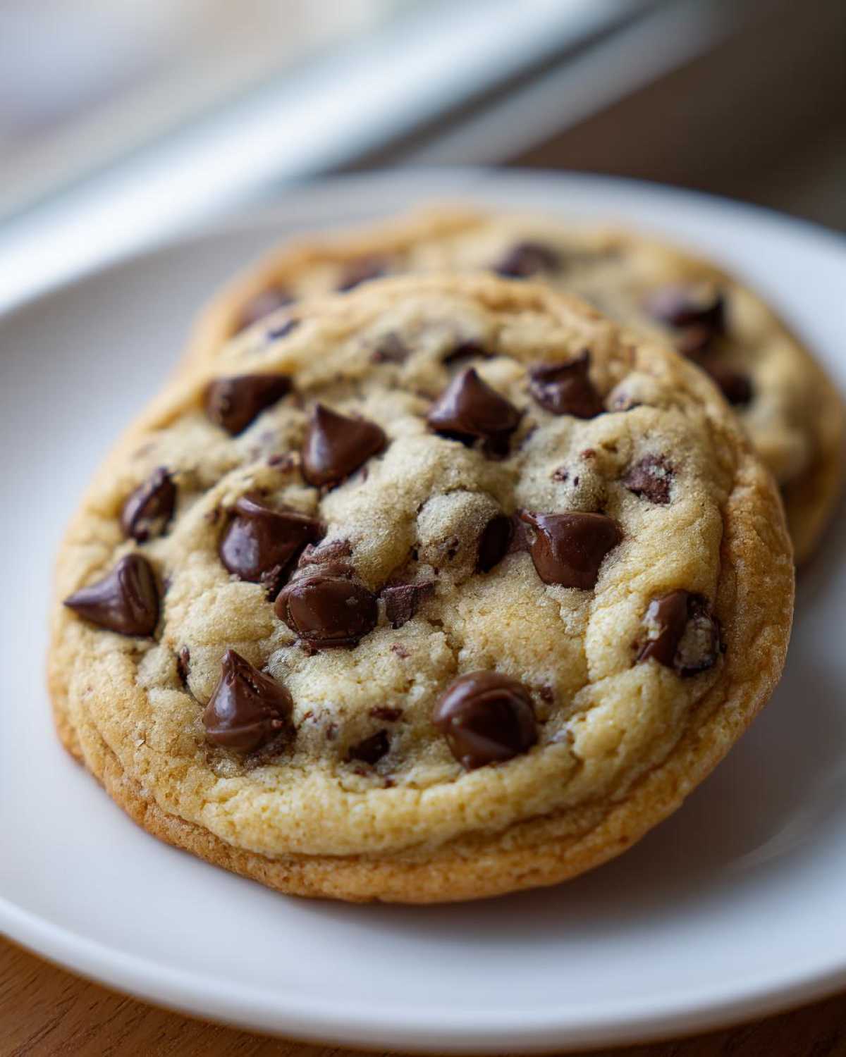 Two perfectly baked, golden brown chewy chocolate chip cookies piled on a white plate.