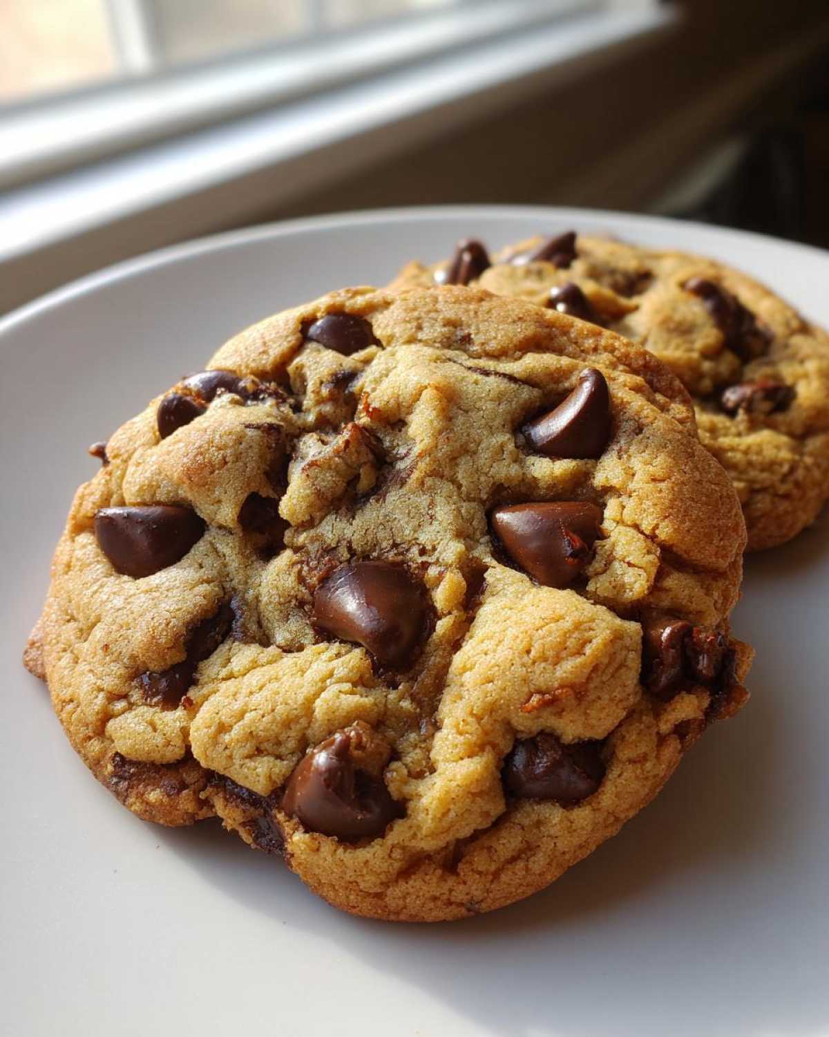 Two perfectly baked, thick, and chewy chocolate chip cookies loaded with melted chocolate chips, sitting on a white plate.