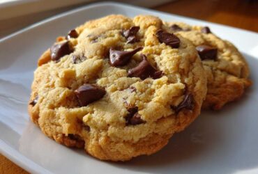 Close-up of two golden brown chewy chocolate chip cookies resting on a white plate, featuring melted chocolate chunks.