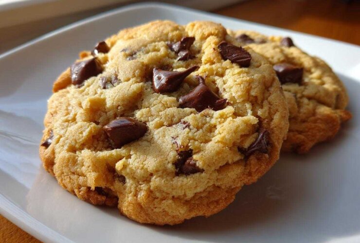 Close-up of two golden brown chewy chocolate chip cookies resting on a white plate, featuring melted chocolate chunks.