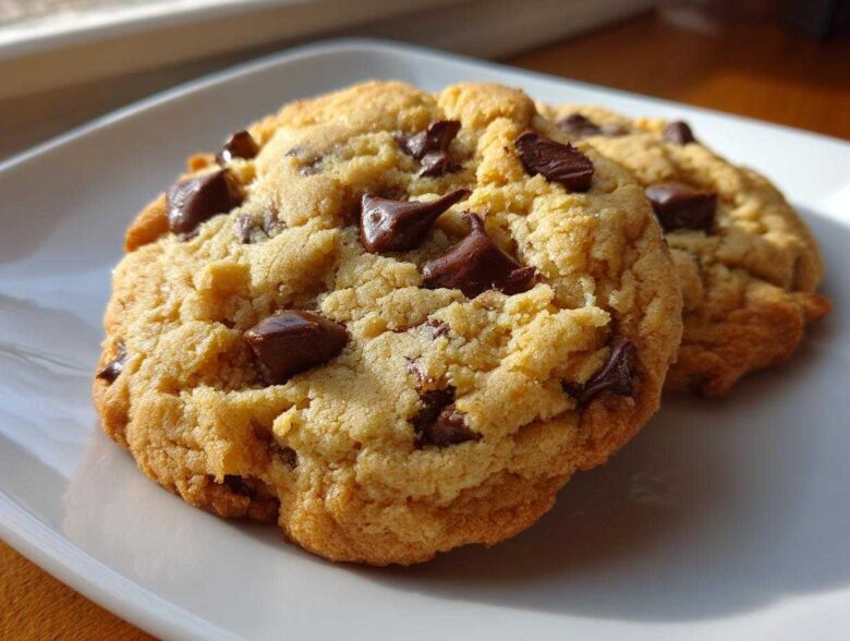 Close-up of two golden brown chewy chocolate chip cookies resting on a white plate, featuring melted chocolate chunks.