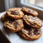A stack of freshly baked, chewy homemade chocolate chip cookies with melted chocolate chunks, resting on a white marble surface.