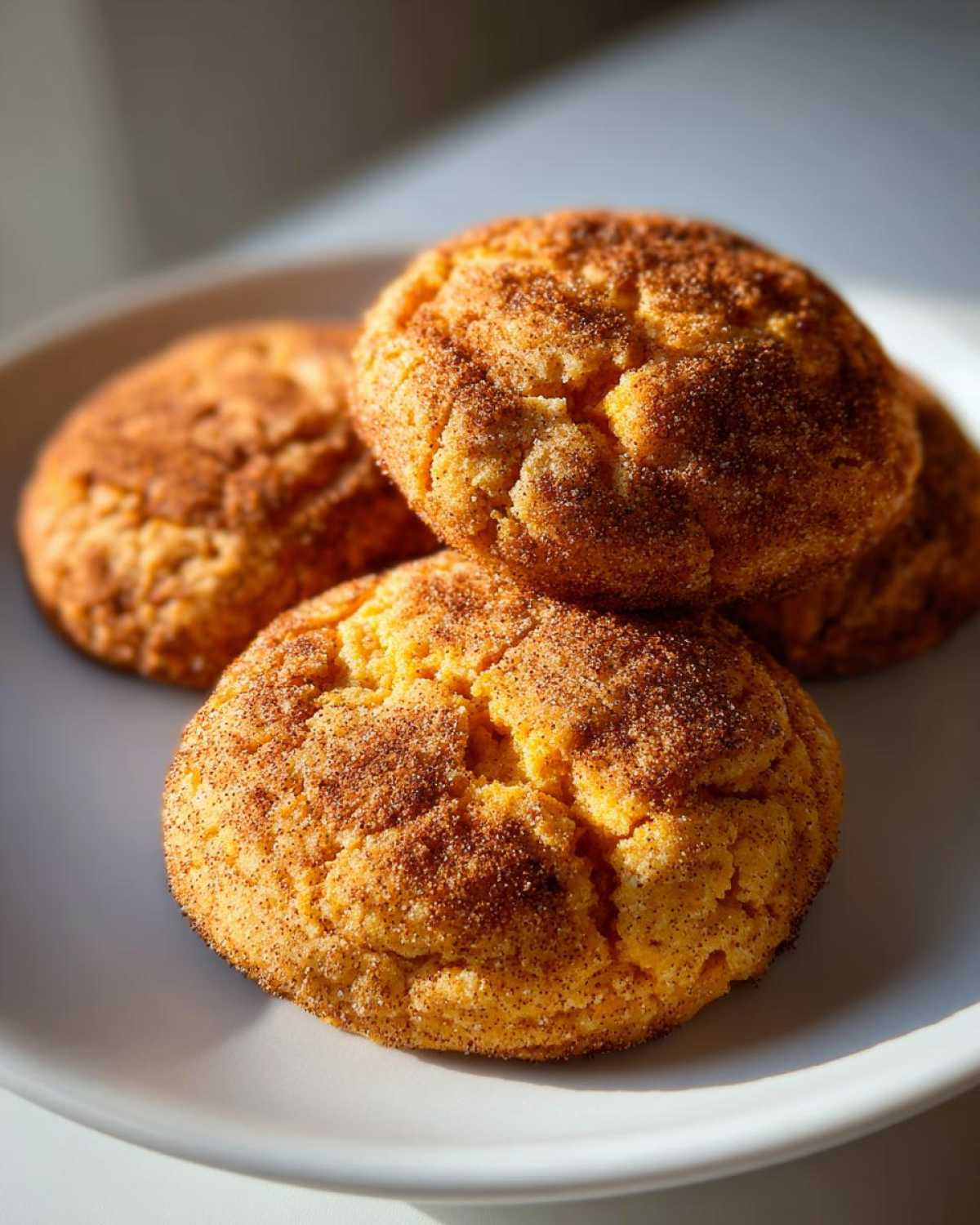 Close-up of several chewy pumpkin snickerdoodle cookies coated in cinnamon sugar resting on a white plate.