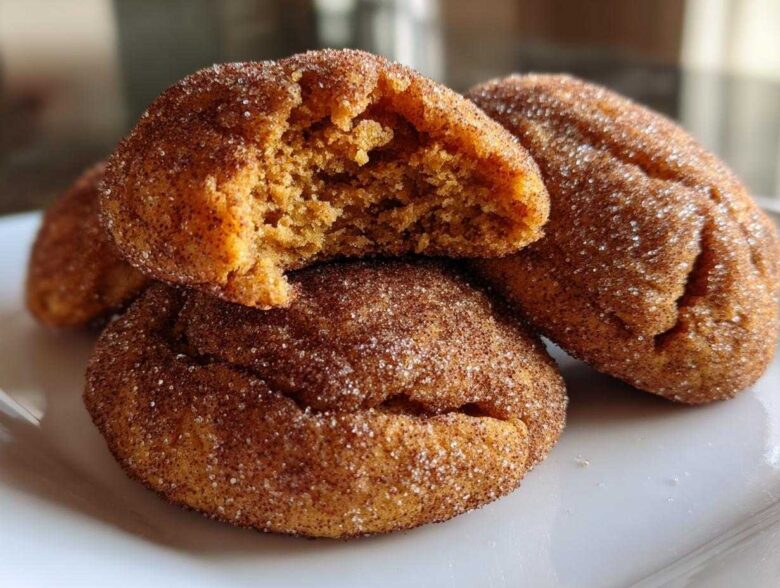 Close-up of three chewy pumpkin snickerdoodle cookies coated in cinnamon sugar, one broken open to show the soft interior.