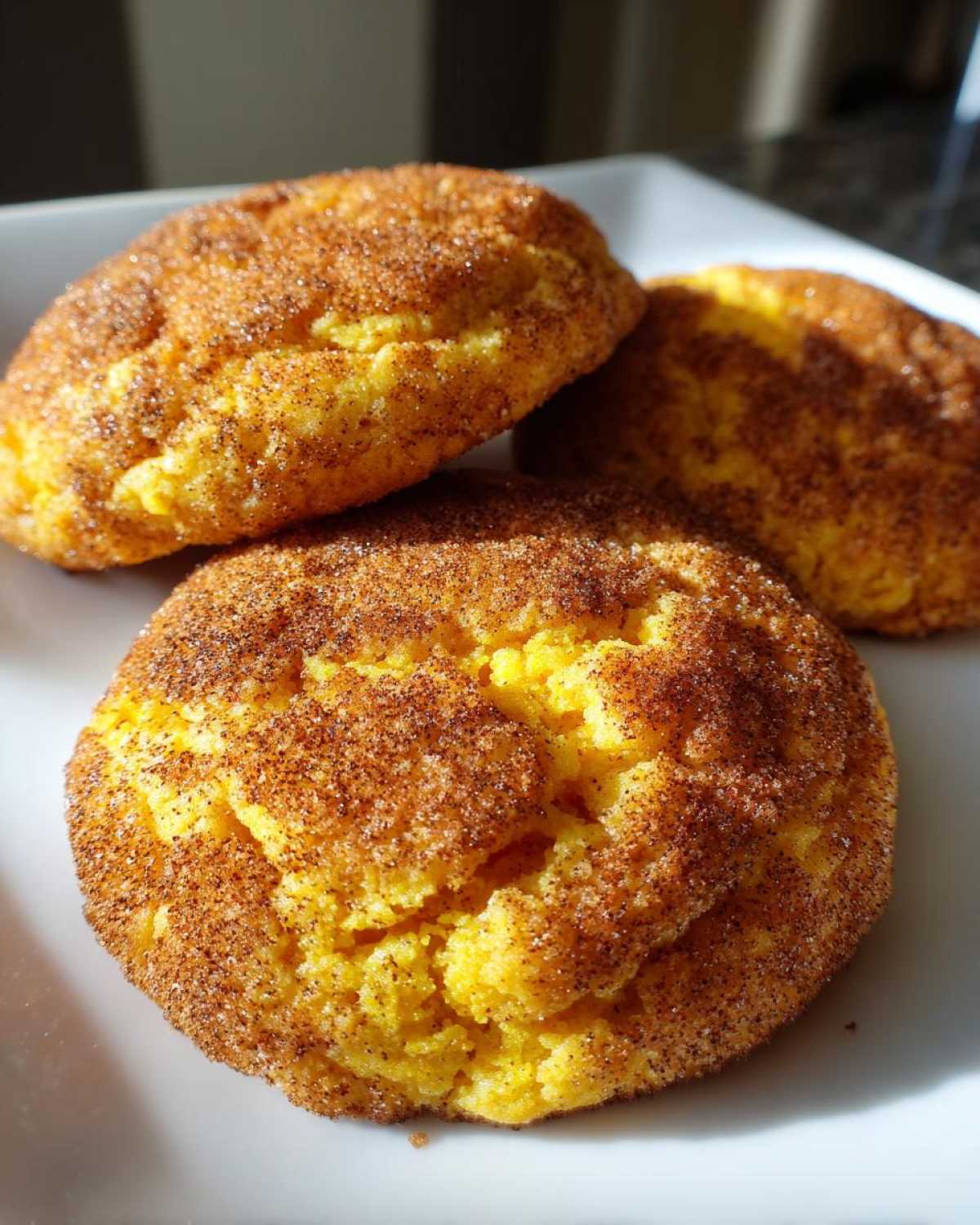 Three chewy pumpkin snickerdoodle cookies coated in cinnamon sugar resting on a white plate.