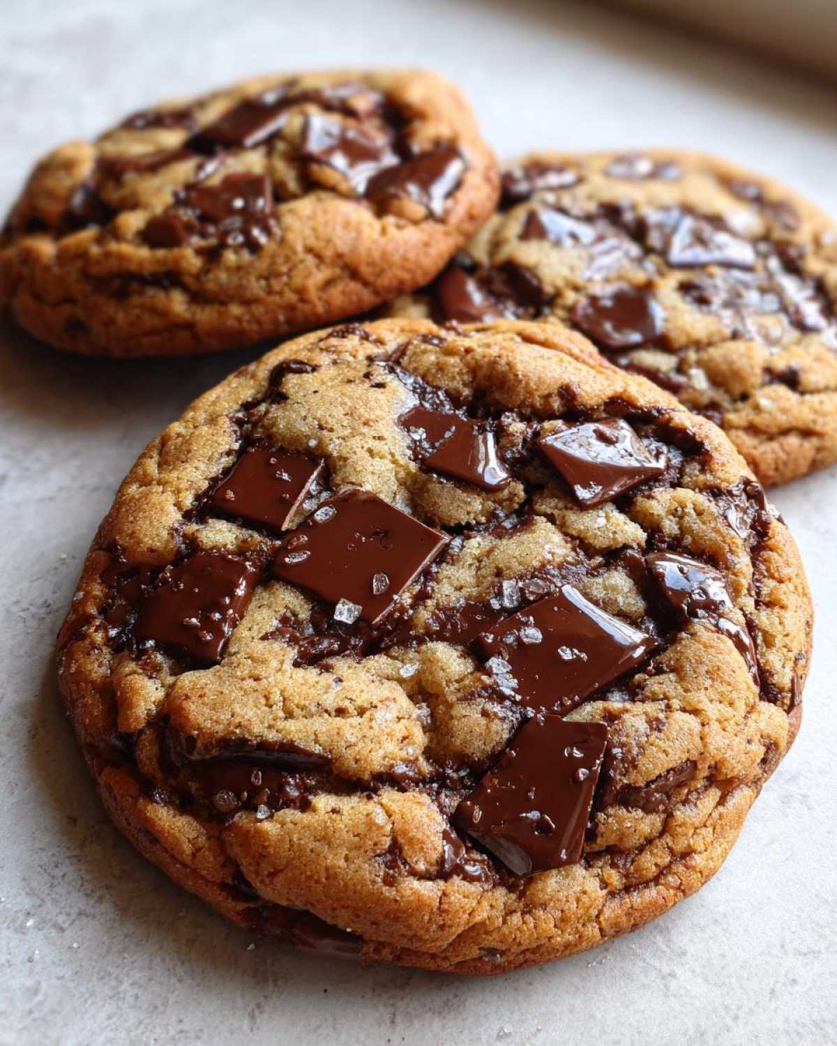 Three freshly baked vegan chocolate chip cookies topped with melted chocolate chunks and sea salt flakes.