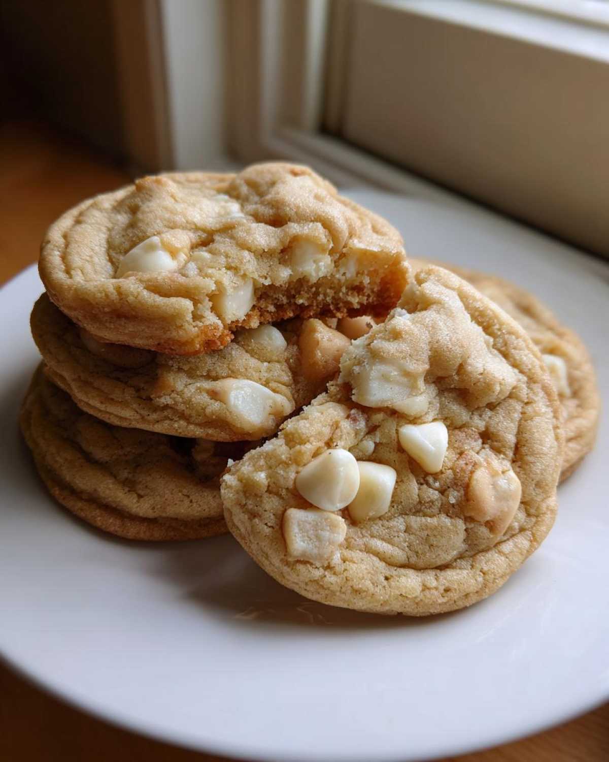 A stack of freshly baked white chocolate macadamia nut cookies, one broken open to show the soft interior.