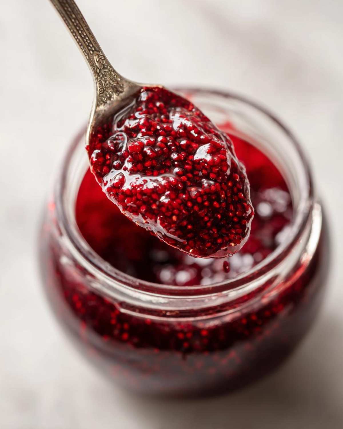 A spoonful of thick, vibrant red raspberry jam, featuring visible chia seeds, being lifted from a glass jar.