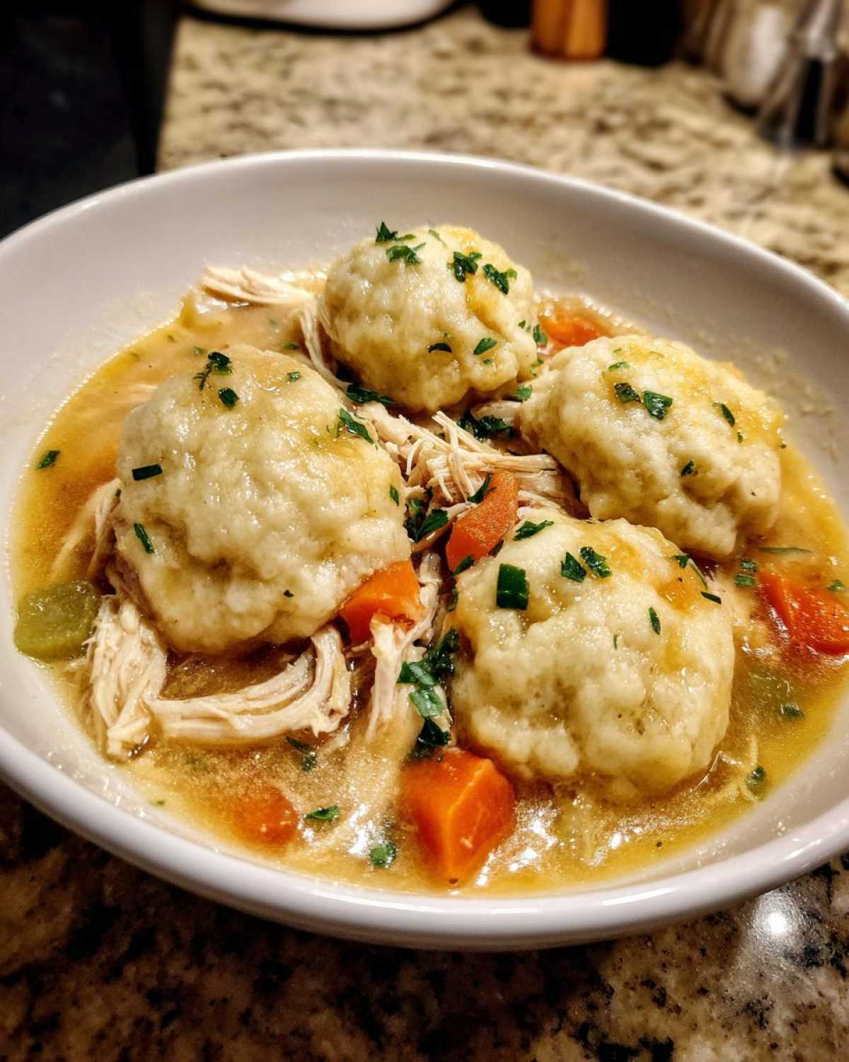 A close-up of a white bowl filled with rich broth, shredded chicken, carrots, and fluffy dumplings from the chicken and dumpling recipe.