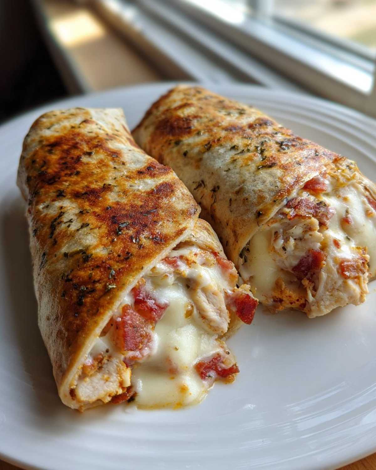 Two grilled chicken bacon ranch wraps cut open, showing melted cheese, chicken pieces, and bacon spilling out.