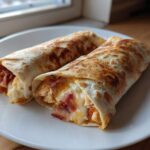 Two golden-brown grilled chicken bacon ranch wraps filled with chicken, bacon, and melted cheese, served on a white plate.