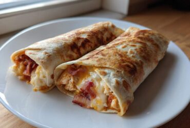 Two golden-brown grilled chicken bacon ranch wraps filled with chicken, bacon, and melted cheese, served on a white plate.