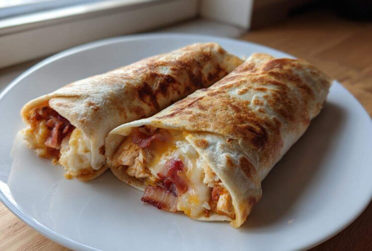 Two golden-brown grilled chicken bacon ranch wraps filled with chicken, bacon, and melted cheese, served on a white plate.