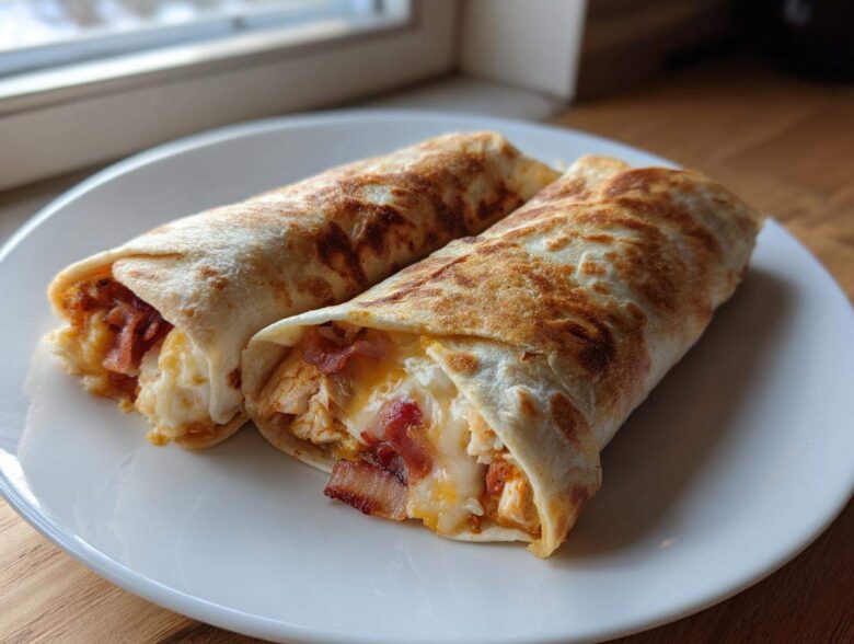 Two golden-brown grilled chicken bacon ranch wraps filled with chicken, bacon, and melted cheese, served on a white plate.