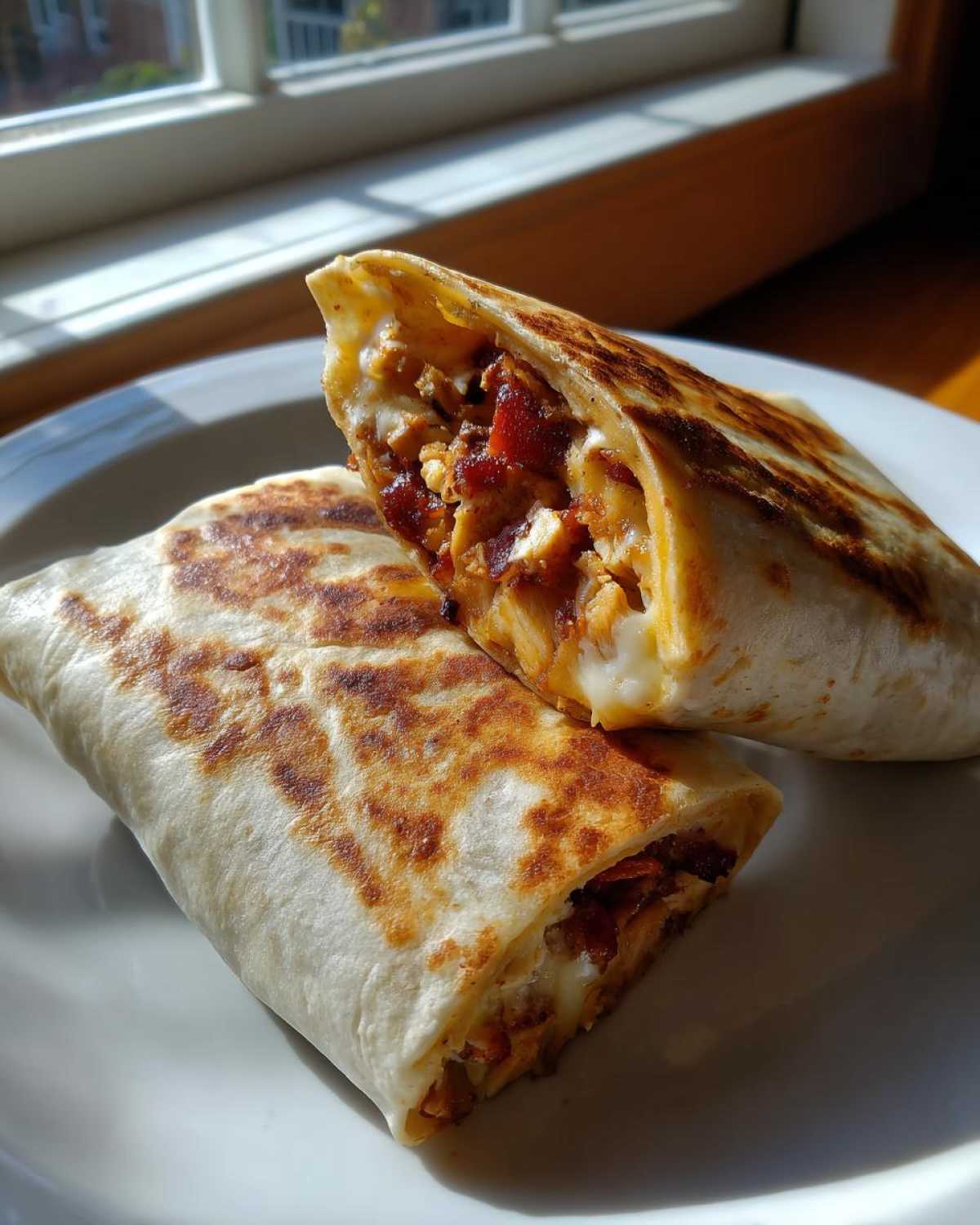 A perfectly grilled chicken bacon ranch wrap cut in half, showing melted cheese and filling.