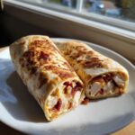 Two golden-brown grilled chicken bacon ranch wraps cut in half, showing chicken, bacon, and sauce filling, resting on a white plate.