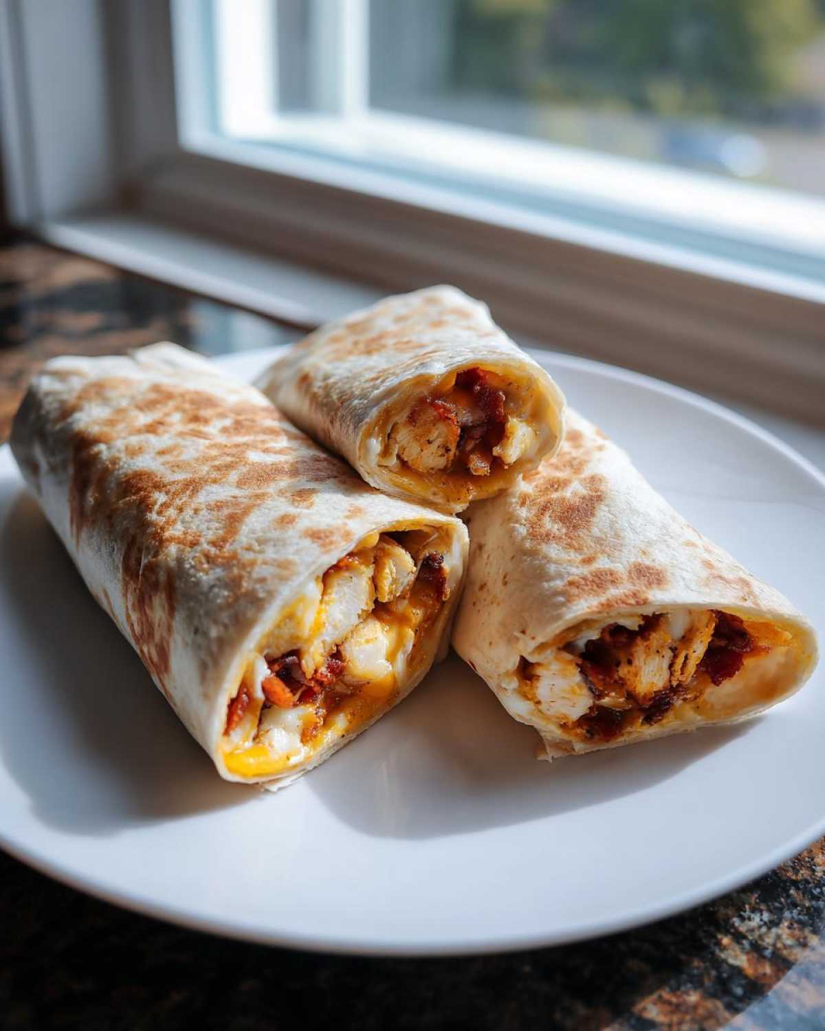 Three perfectly grilled chicken bacon ranch wraps, cut to show the filling of chicken, bacon, and cheese.