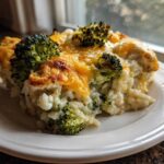 A close-up serving of creamy chicken broccoli rice casserole topped with melted, browned cheddar cheese.