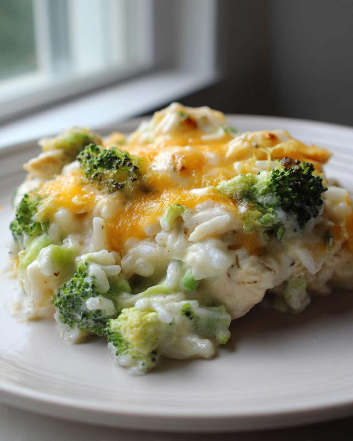 A close-up of a serving of creamy chicken broccoli rice casserole topped with melted cheddar cheese.