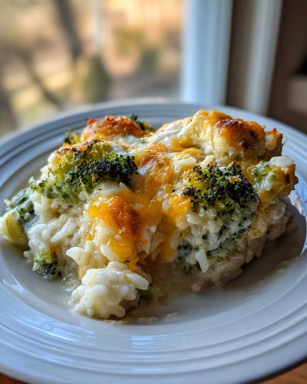 Close-up of a serving of creamy chicken broccoli rice casserole topped with melted, browned cheddar cheese.