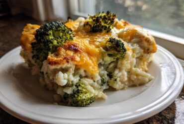 A close-up serving of creamy chicken broccoli rice casserole topped with melted, browned cheddar cheese.