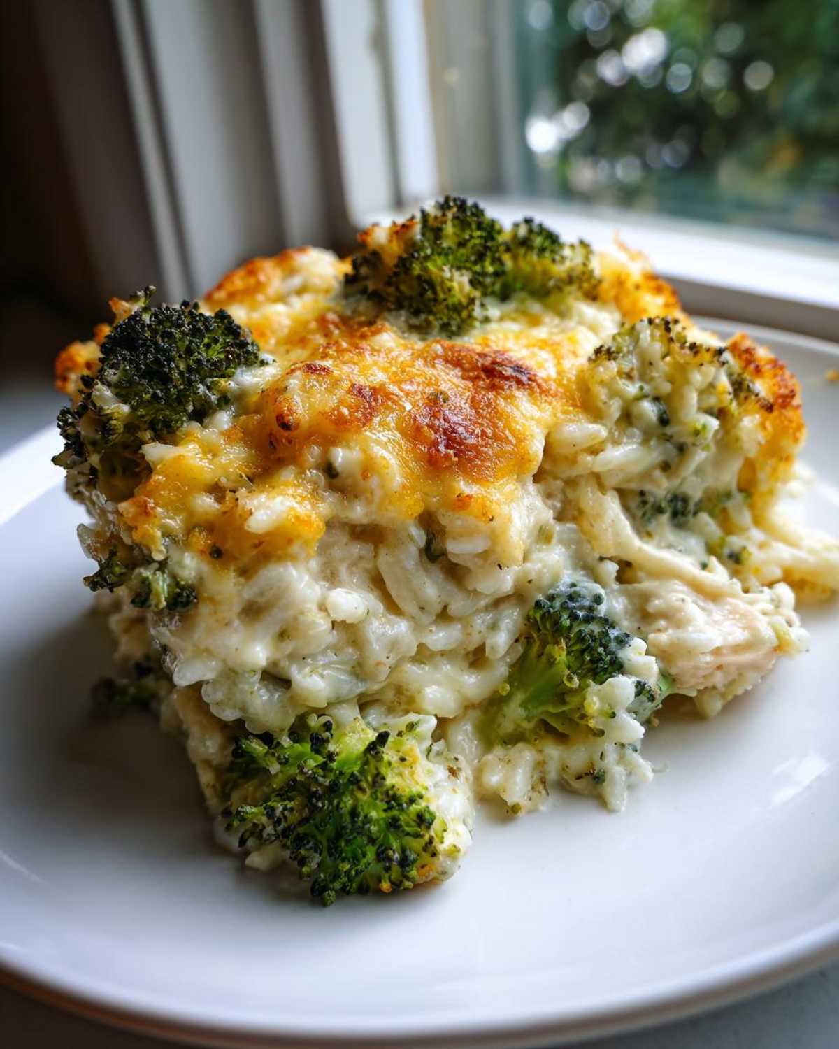A close-up serving of creamy chicken broccoli rice casserole topped with melted, golden-brown cheese.