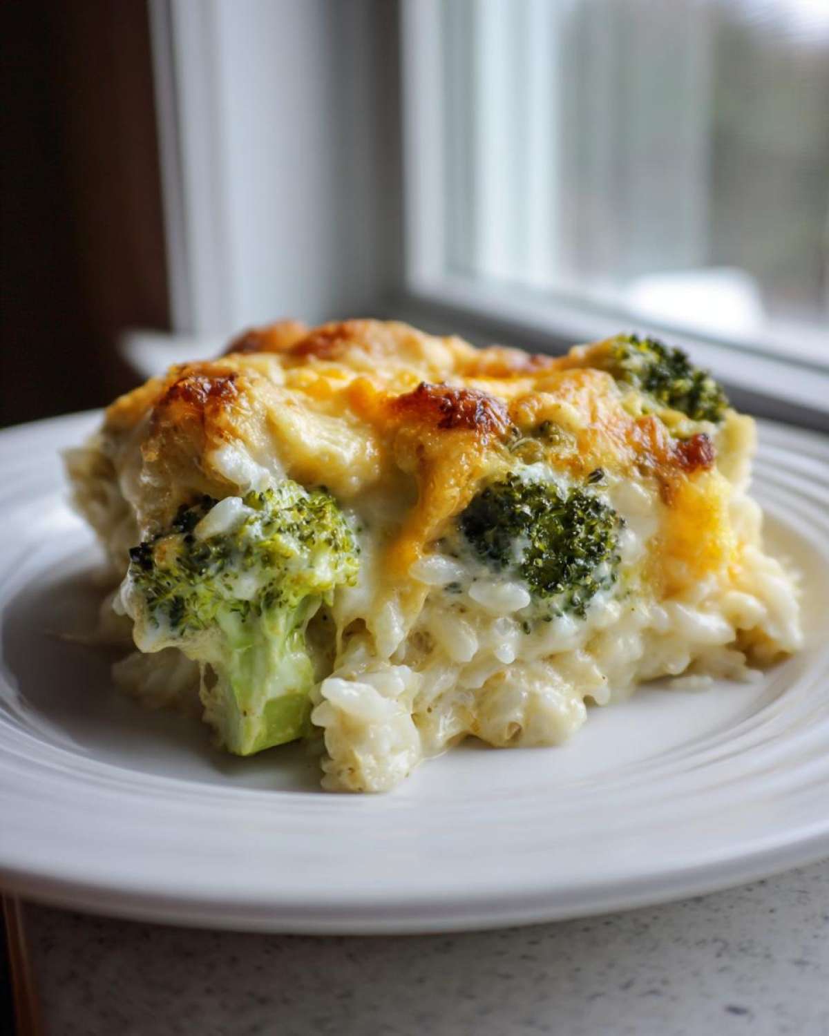 A close-up serving of creamy chicken broccoli rice casserole topped with melted, browned cheese.