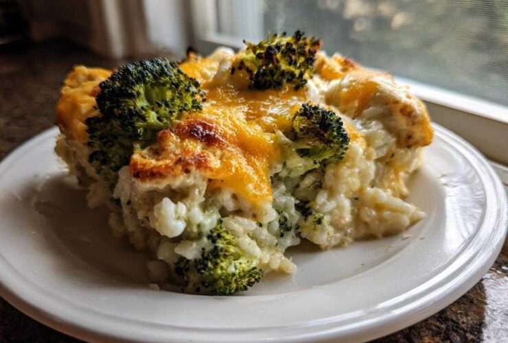 A close-up serving of creamy chicken broccoli rice casserole topped with melted, browned cheddar cheese.