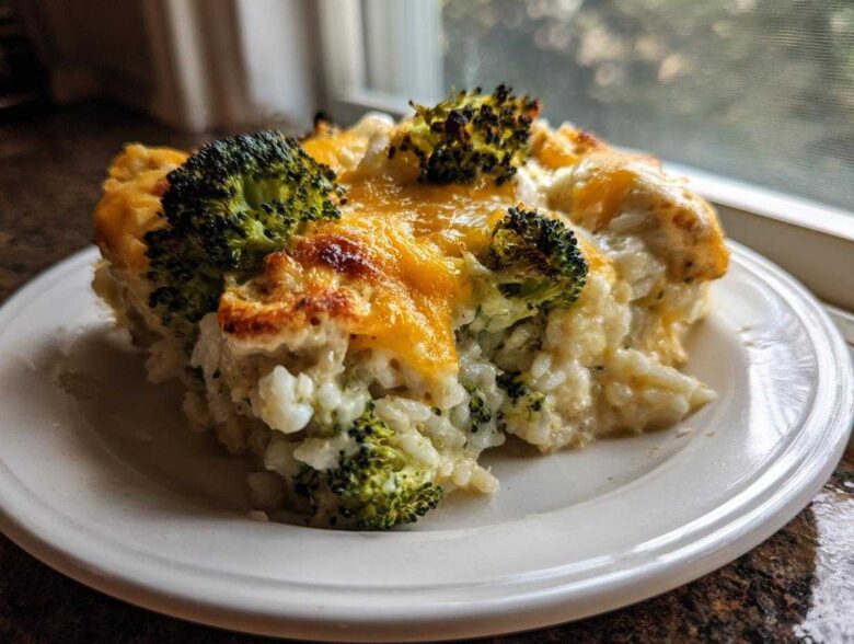 A close-up serving of creamy chicken broccoli rice casserole topped with melted, browned cheddar cheese.