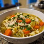 Close-up of a white bowl filled with homemade chicken noodle soup, featuring shredded chicken, egg noodles, carrots, and parsley.