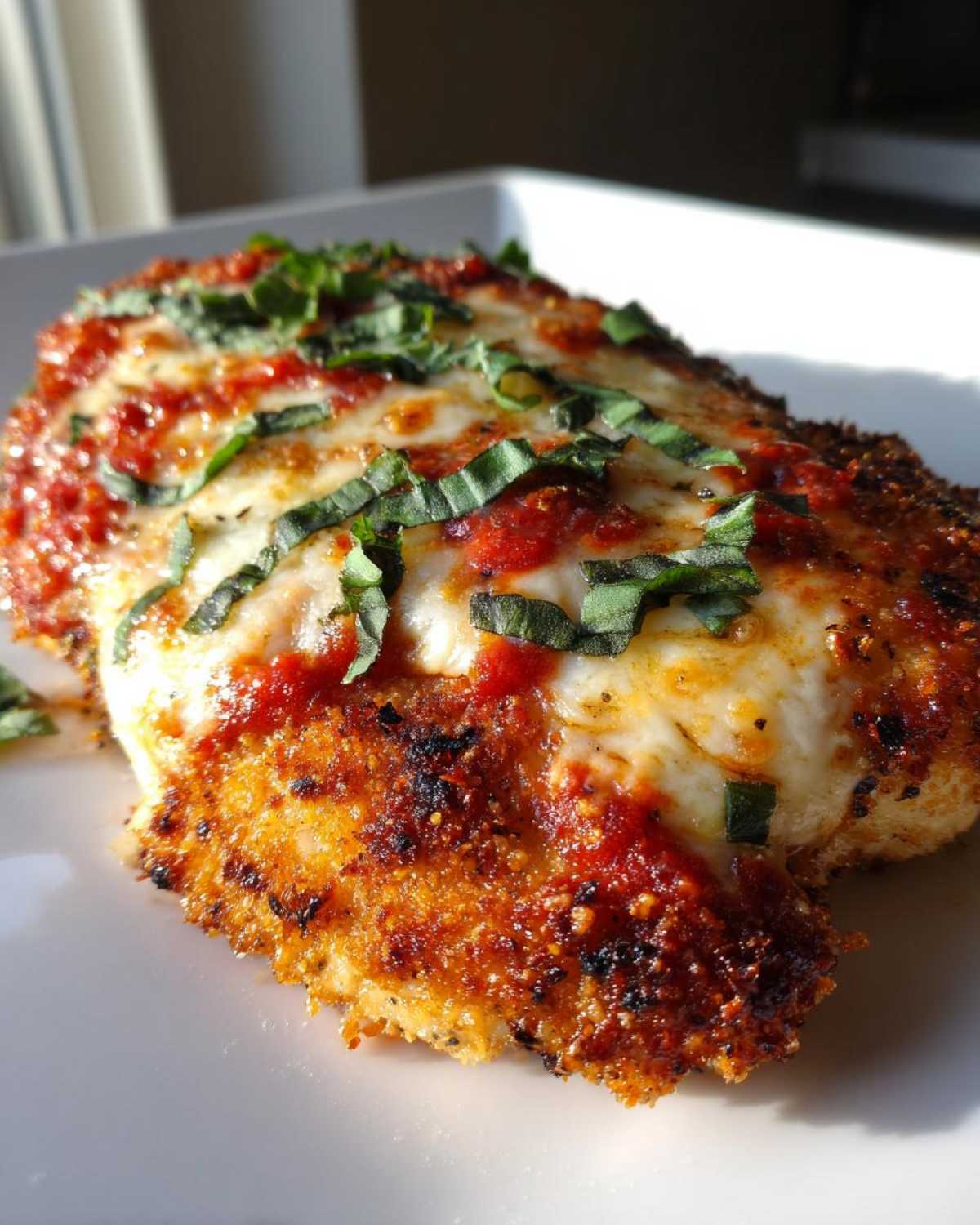 Close-up of a golden-brown chicken parmesan recipe cutlet topped with melted mozzarella, marinara sauce, and fresh basil.